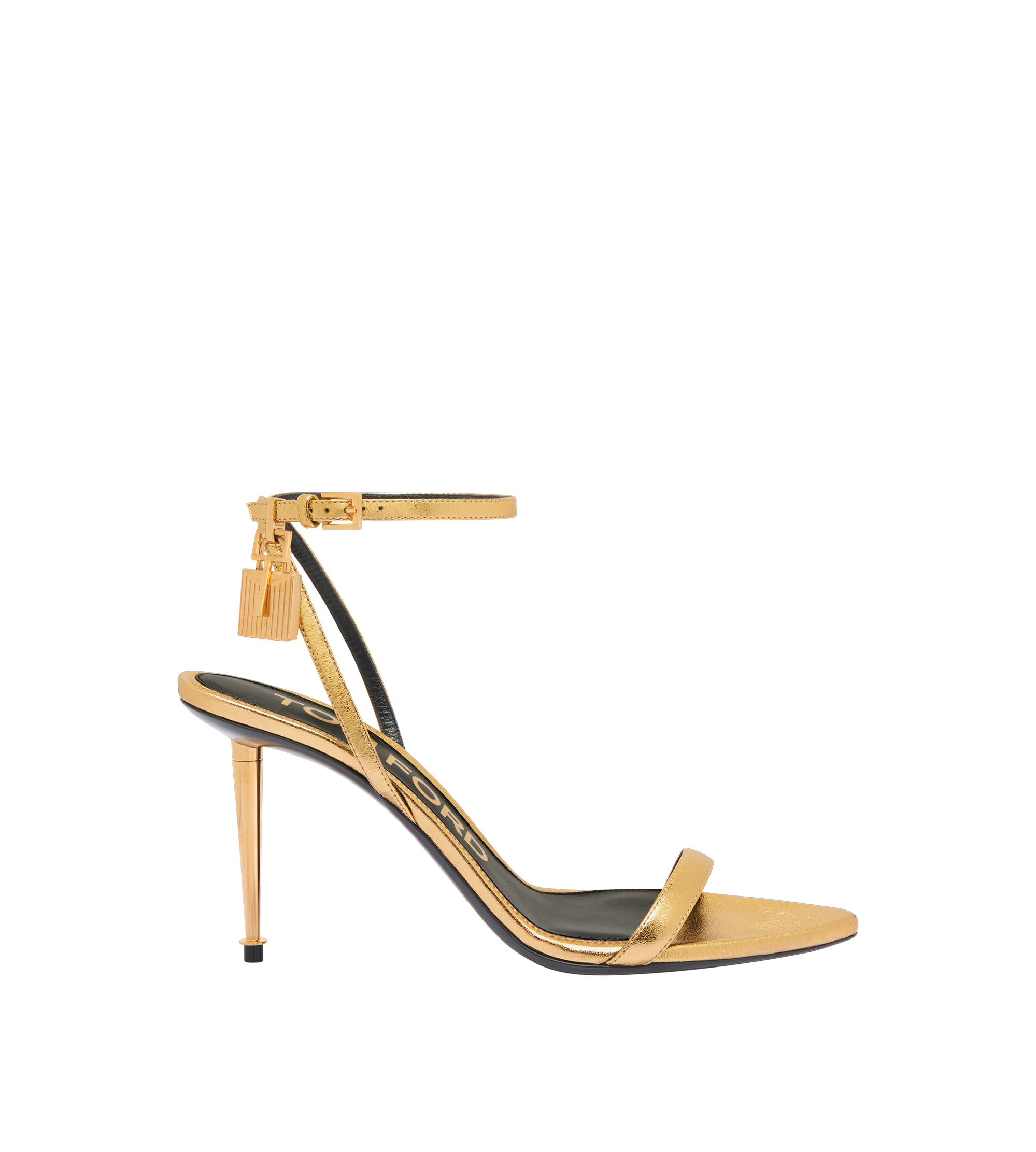 LAMINATED NAPPA LEATHER PADLOCK POINTY NAKED SANDAL 85MM