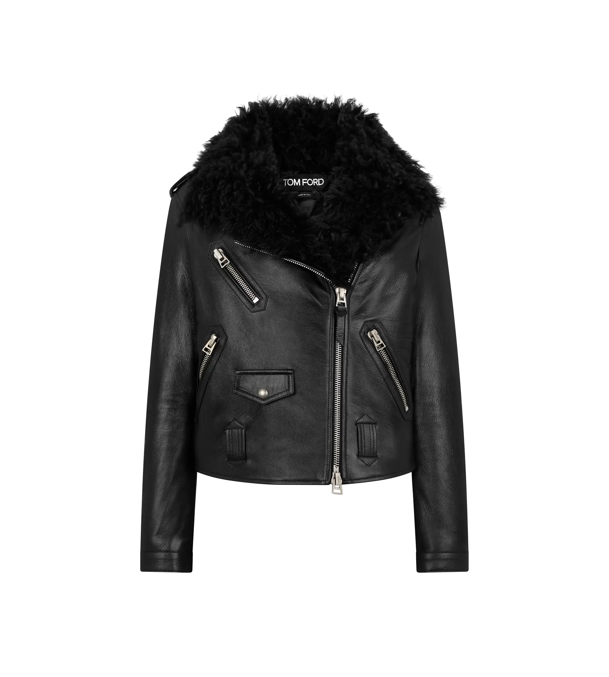ASYMMETRIC LEATHER BIKER JACKET WITH SHEARLING