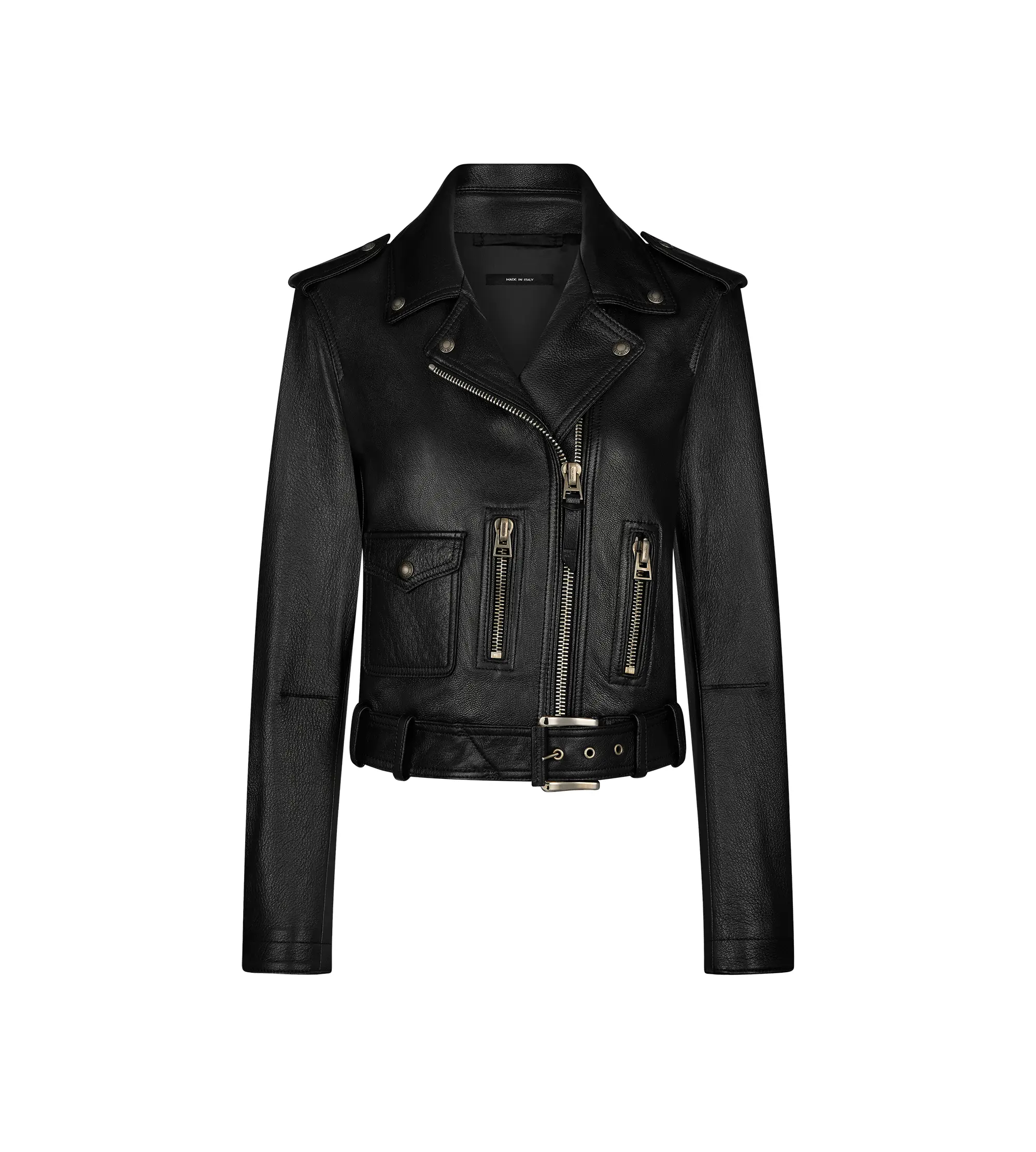 SHINY PLONGE LEATHER BIKER JACKET