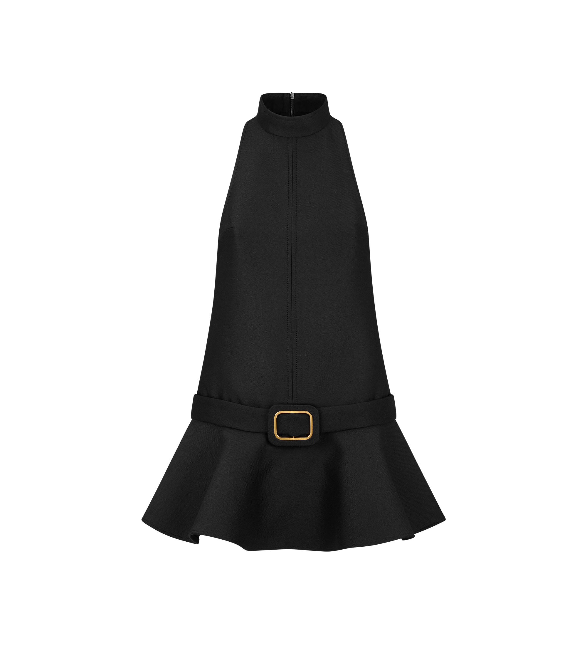MOCK NECK MINI COCKTAIL DRESS WITH FLARED SKIRT AND BUCKLE DETAIL