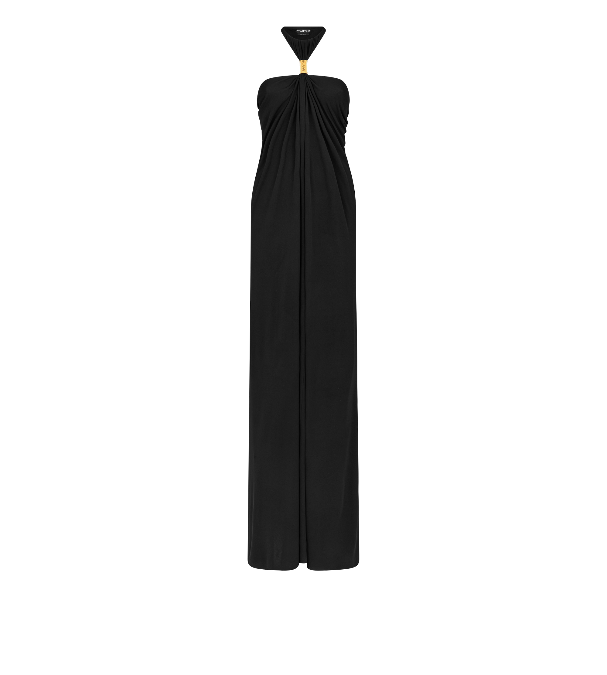 HALTERNECK EVENING DRESS WITH METAL HARDWARE DETAIL